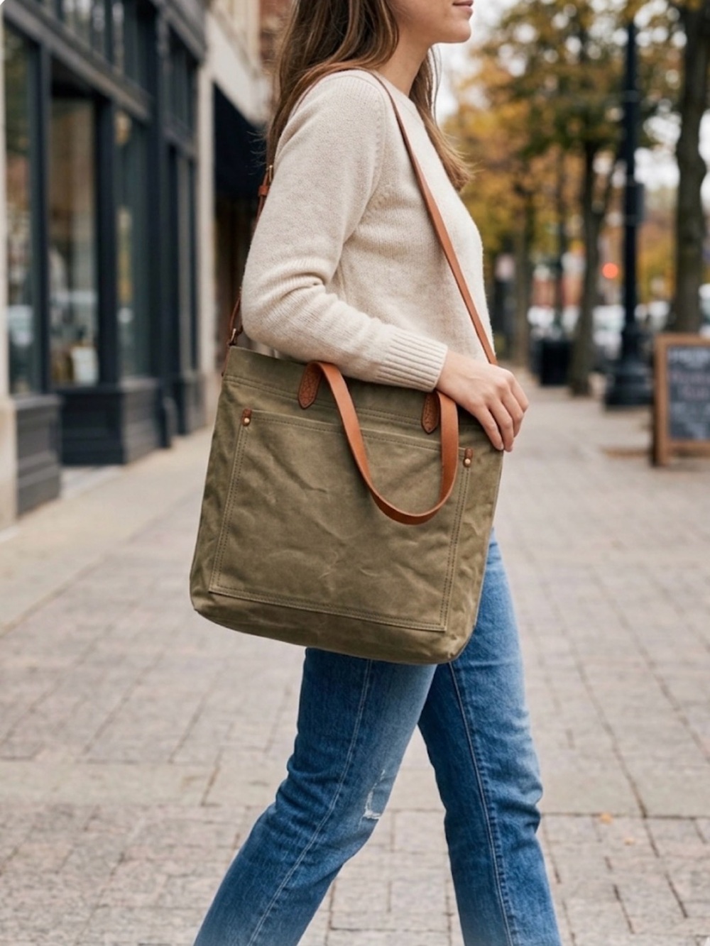 Madewell Tan Canvas Messenger Tote with Brown Leather Straps
